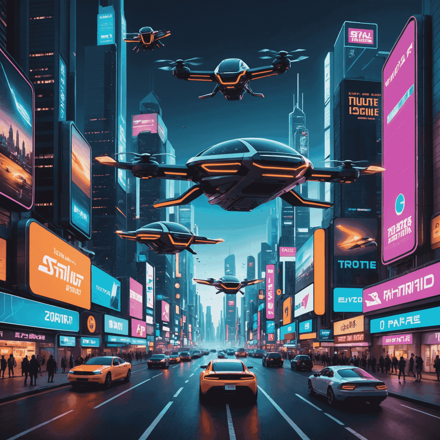 Futuristic cityscape with flying vehicles and neon billboards displaying latest travel headlines