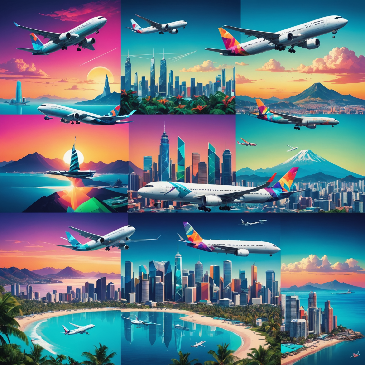 Futuristic collage of travel scenes: airplanes taking off, tropical beaches, city skylines, and mountain landscapes, all with a neon overlay and geometric patterns