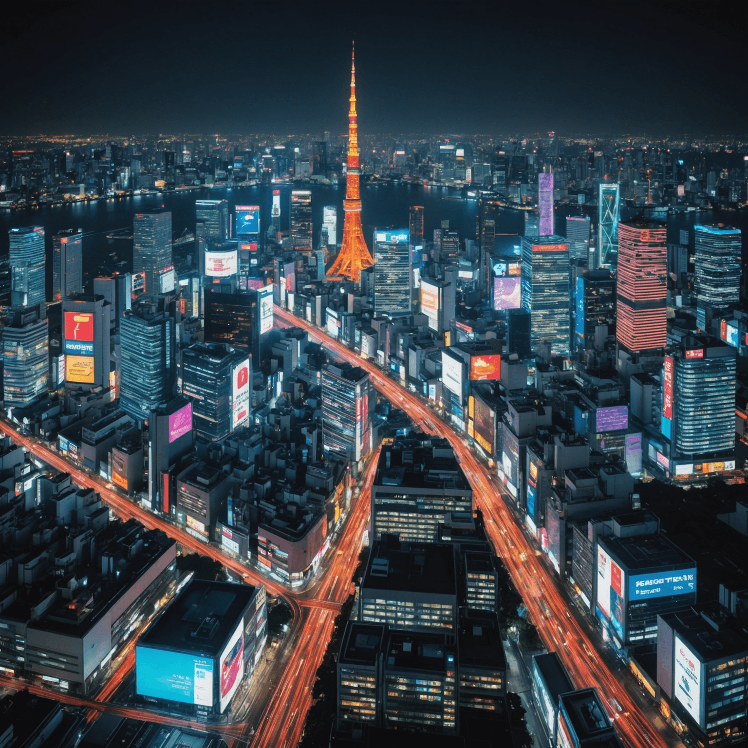 Tokyo skyline at night, showcasing a dazzling array of neon lights and futuristic skyscrapers. The image captures the vibrant energy of the city with its colorful billboards, holographic displays, and streams of light from traffic.