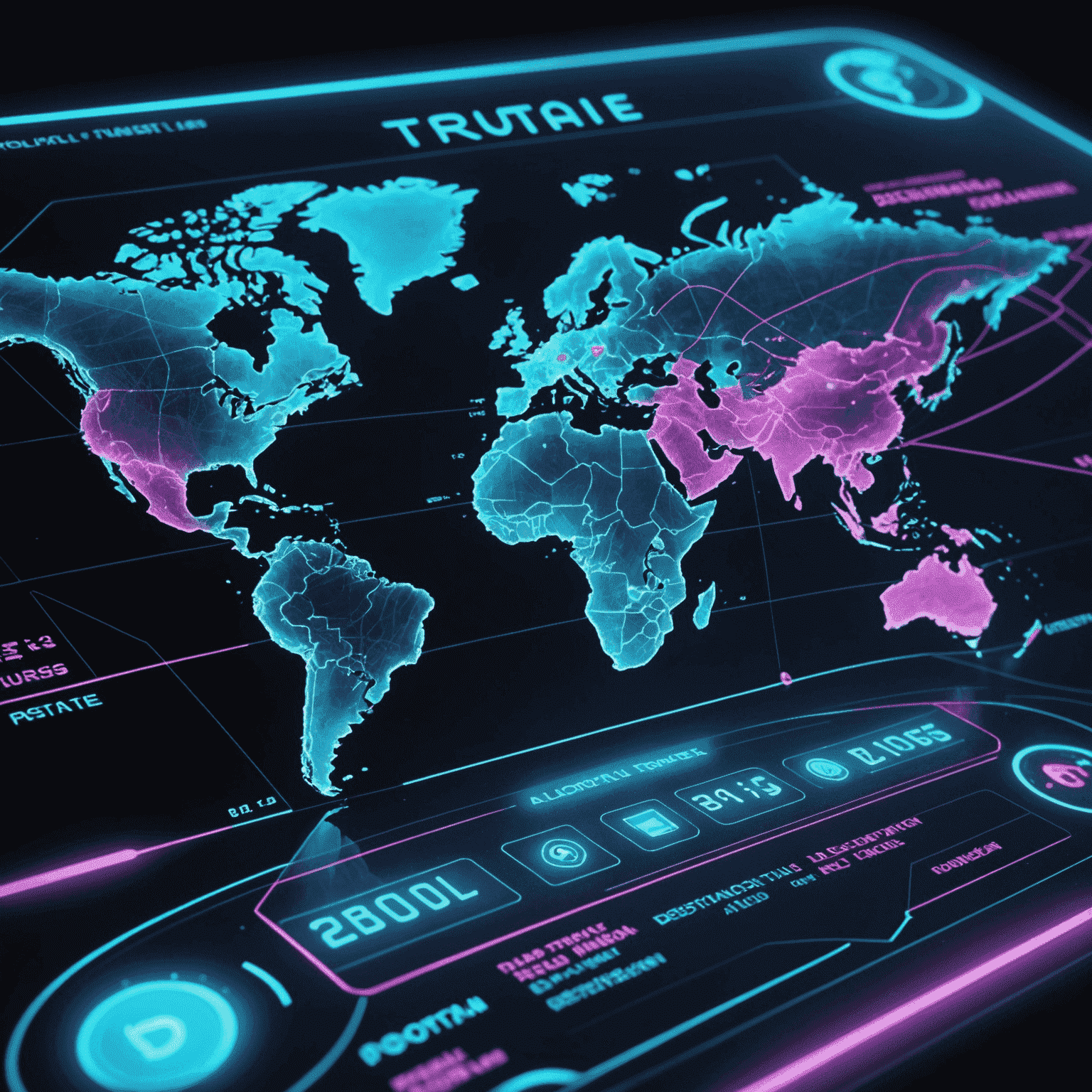 Futuristic holographic interface showing AI trip planner with neon blue and pink highlights, displaying a world map with travel routes and destination suggestions