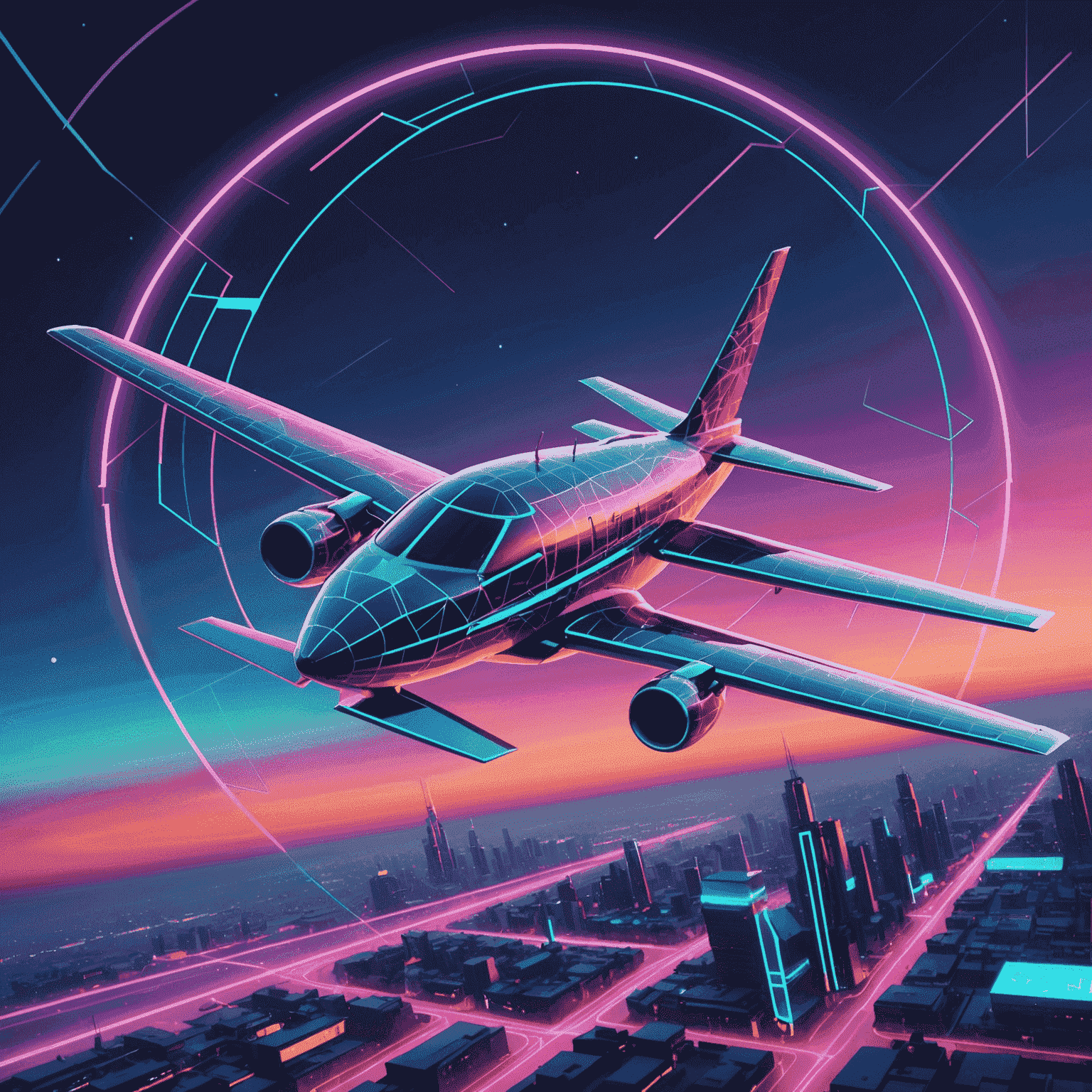 Futuristic airplane flying through a neon-lit sky with geometric patterns