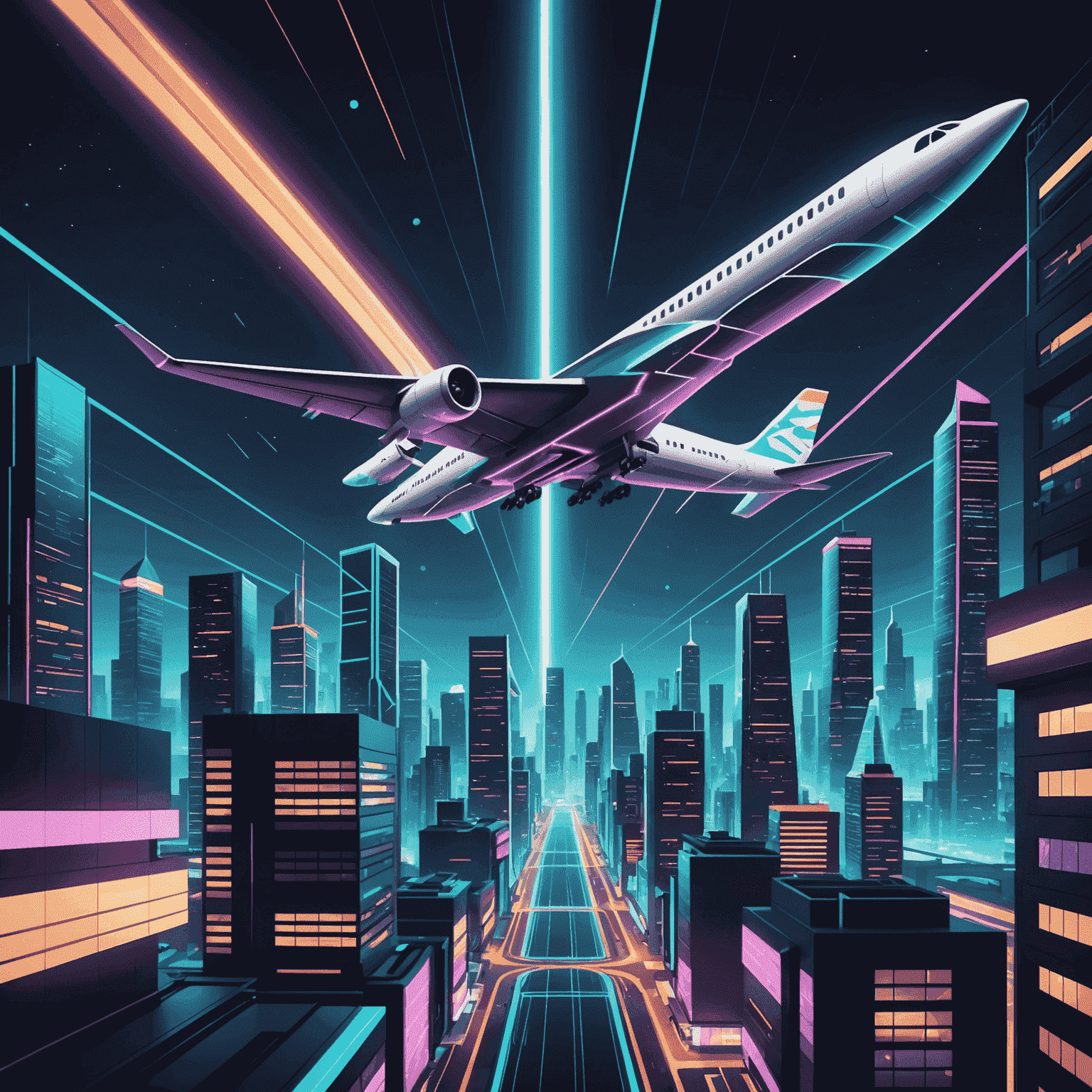 A futuristic illustration of domestic flights, showing sleek aircraft flying over a stylized cityscape with neon lights and geometric patterns