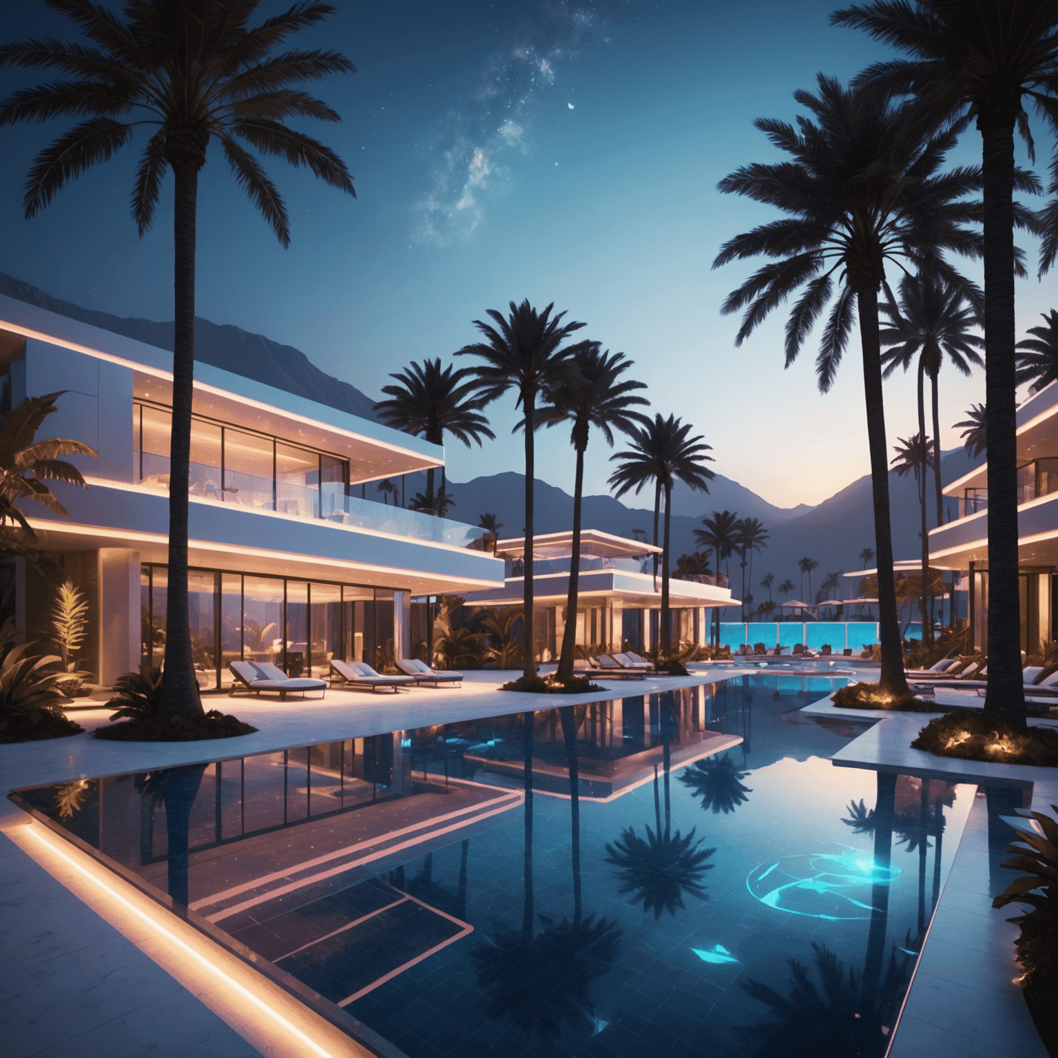 A futuristic luxury resort with neon-lit infinity pools and holographic palm trees, showcasing Catslap Travel's high-end accommodation options