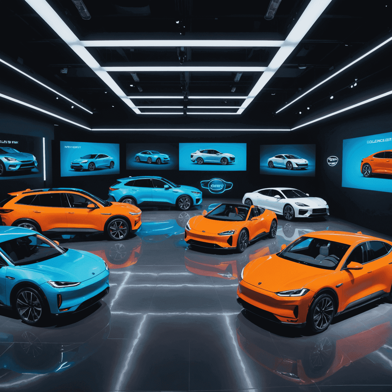 A futuristic display of various car models available for rent, ranging from sleek electric vehicles to rugged SUVs, all showcased in a neon-lit showroom with holographic information displays next to each vehicle.