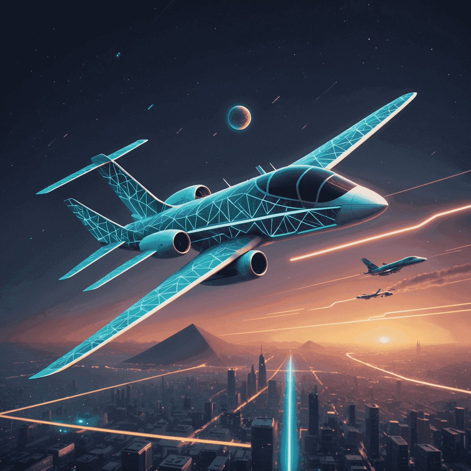 Futuristic airplane with glowing neon accents flying through a sky filled with geometric patterns representing sustainable energy