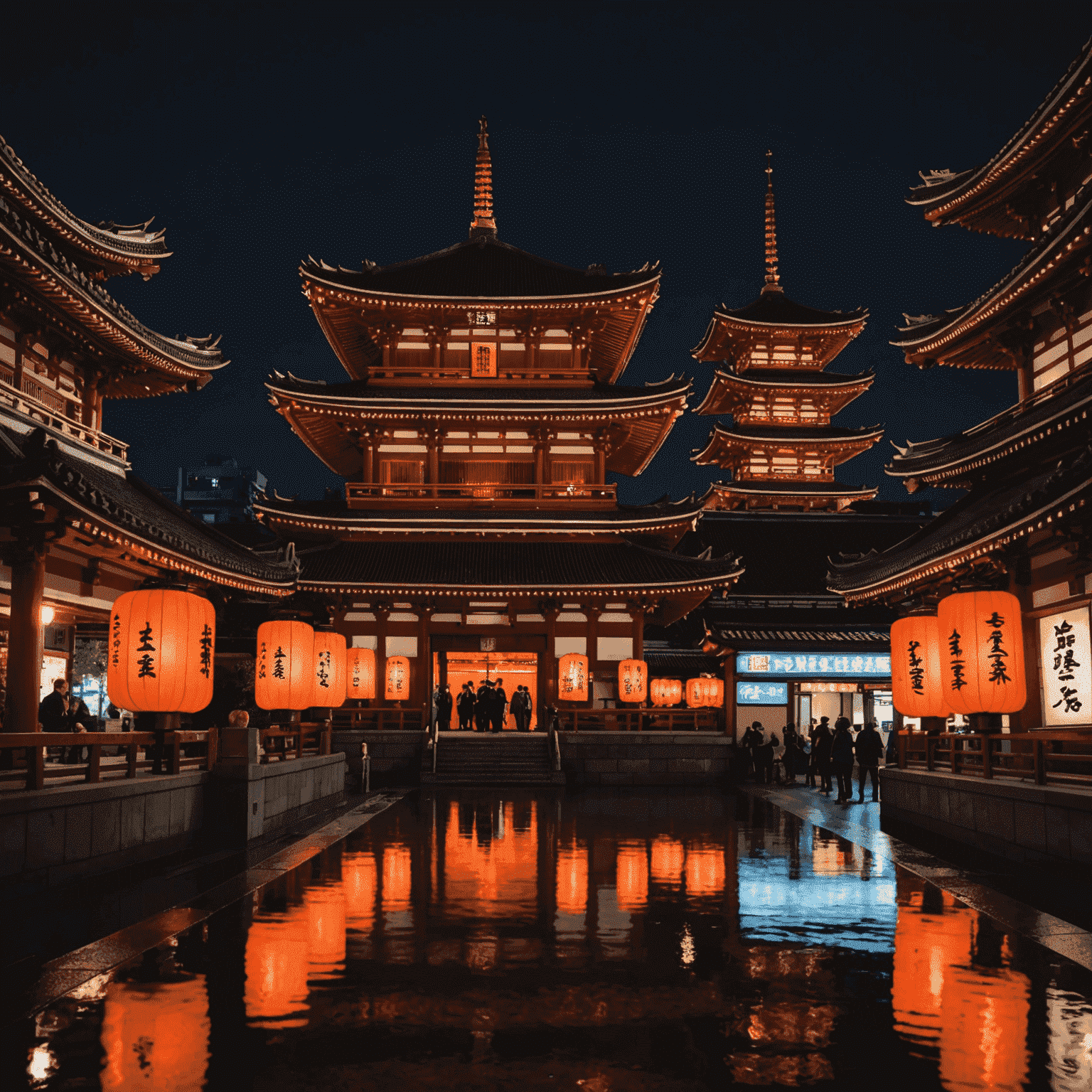 Senso-ji Temple illuminated at night, with traditional lanterns glowing alongside modern LED displays. The contrast between ancient architecture and neon signage creates a unique visual spectacle.