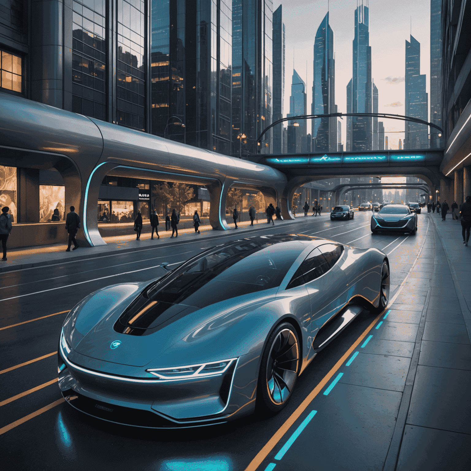 Sleek, neon-lit electric vehicles and hyperloop pods zooming through a futuristic cityscape with holographic route indicators