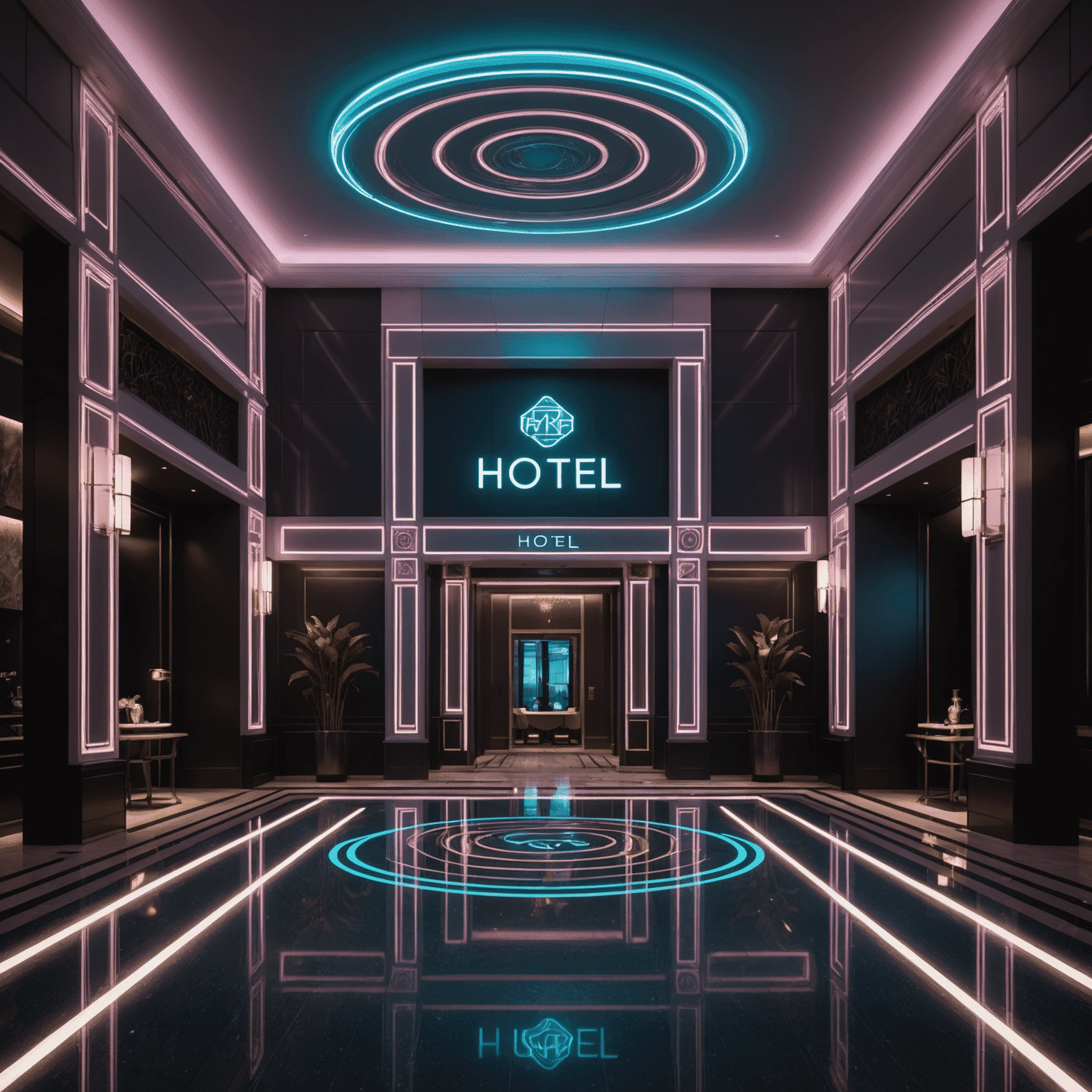 Holographic projection of a luxurious hotel with neon accents