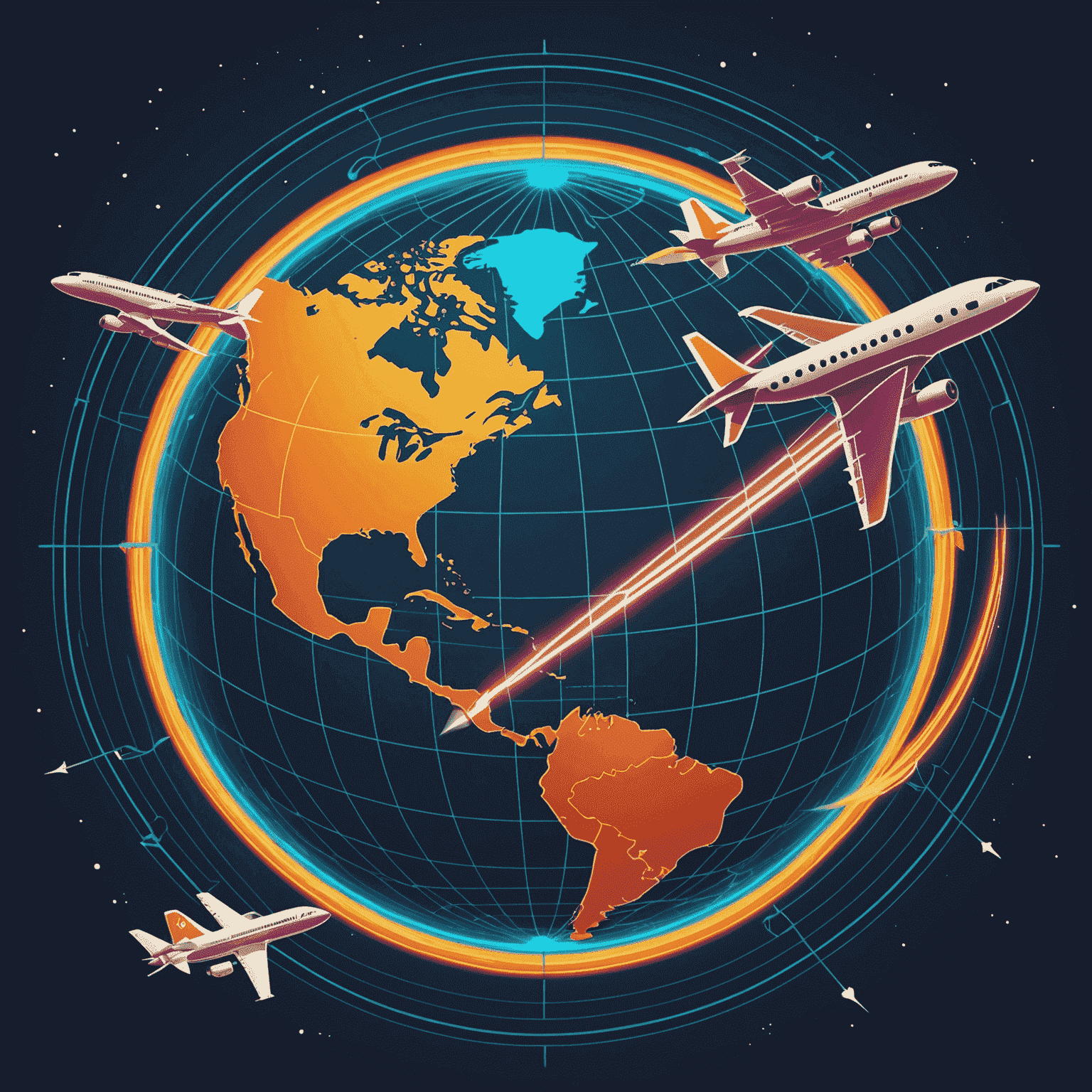 A retro-futuristic illustration of international flights, depicting a globe with neon flight paths and stylized aircraft circling it