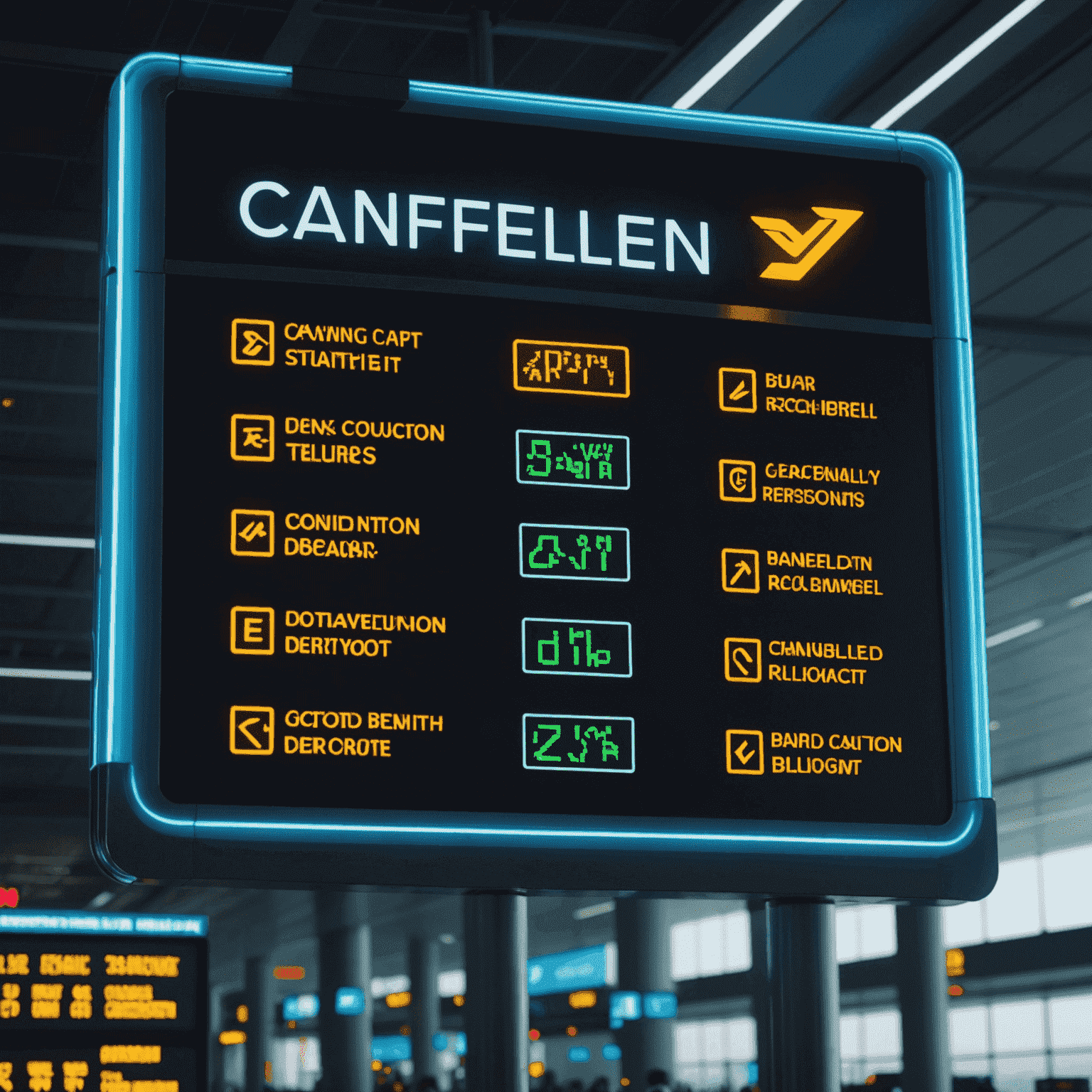 Neon-lit airport departure board with cancelled flights and a glowing shield icon representing trip cancellation protection