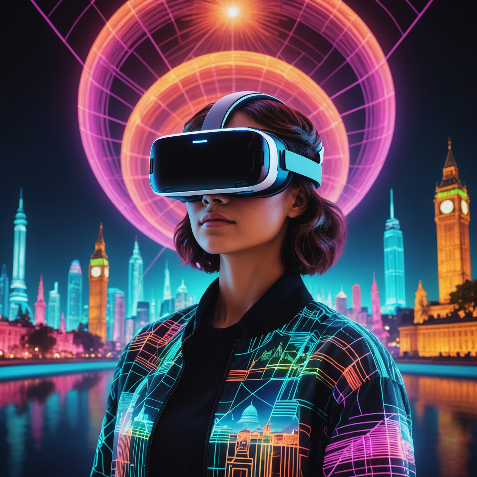 Person wearing VR headset surrounded by holographic projections of famous landmarks and natural wonders, all rendered in vibrant neon colors