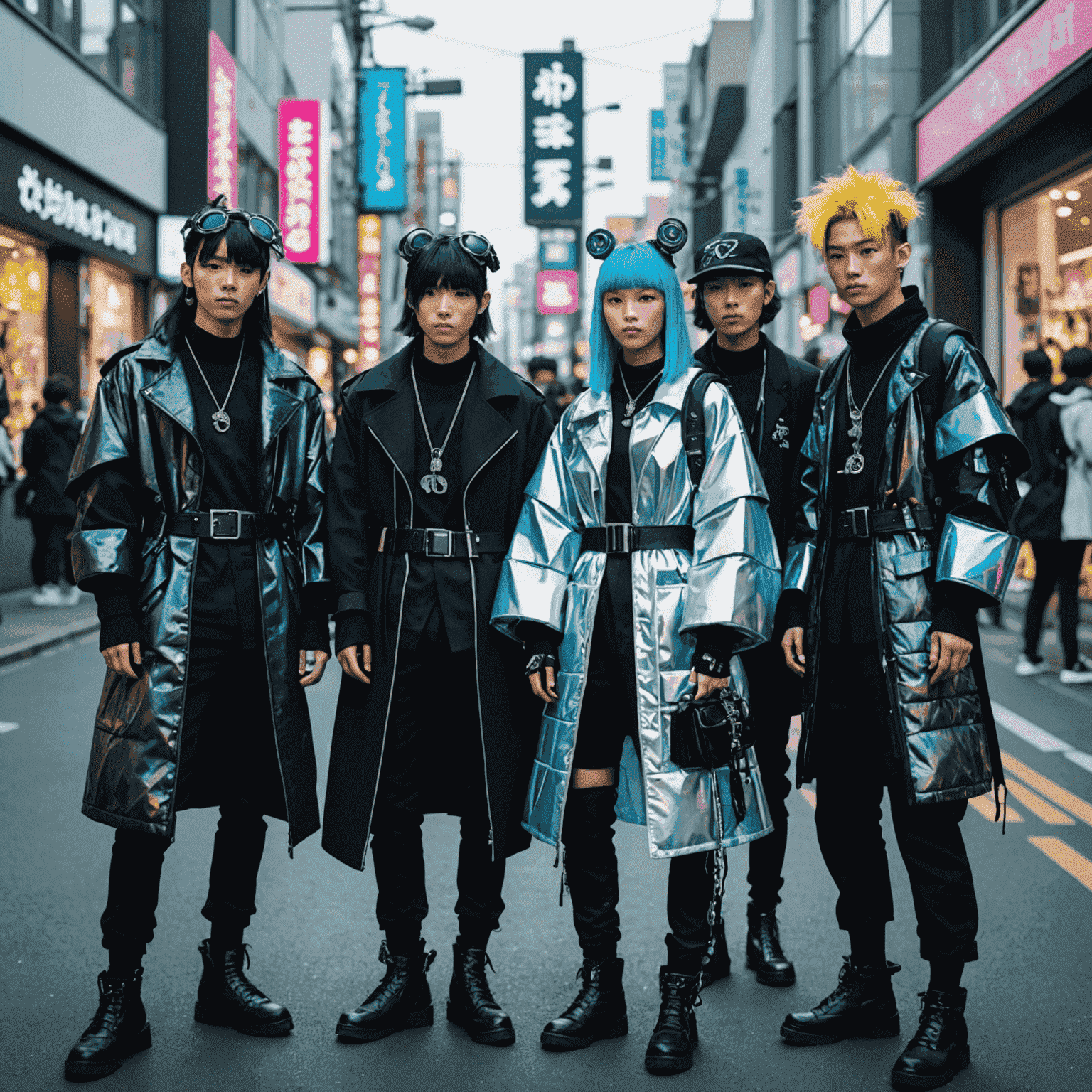 A group of young people in Harajuku showcasing avant-garde fashion. Their outfits feature a mix of traditional Japanese elements and futuristic cyberpunk aesthetics, with neon accessories and holographic fabrics.