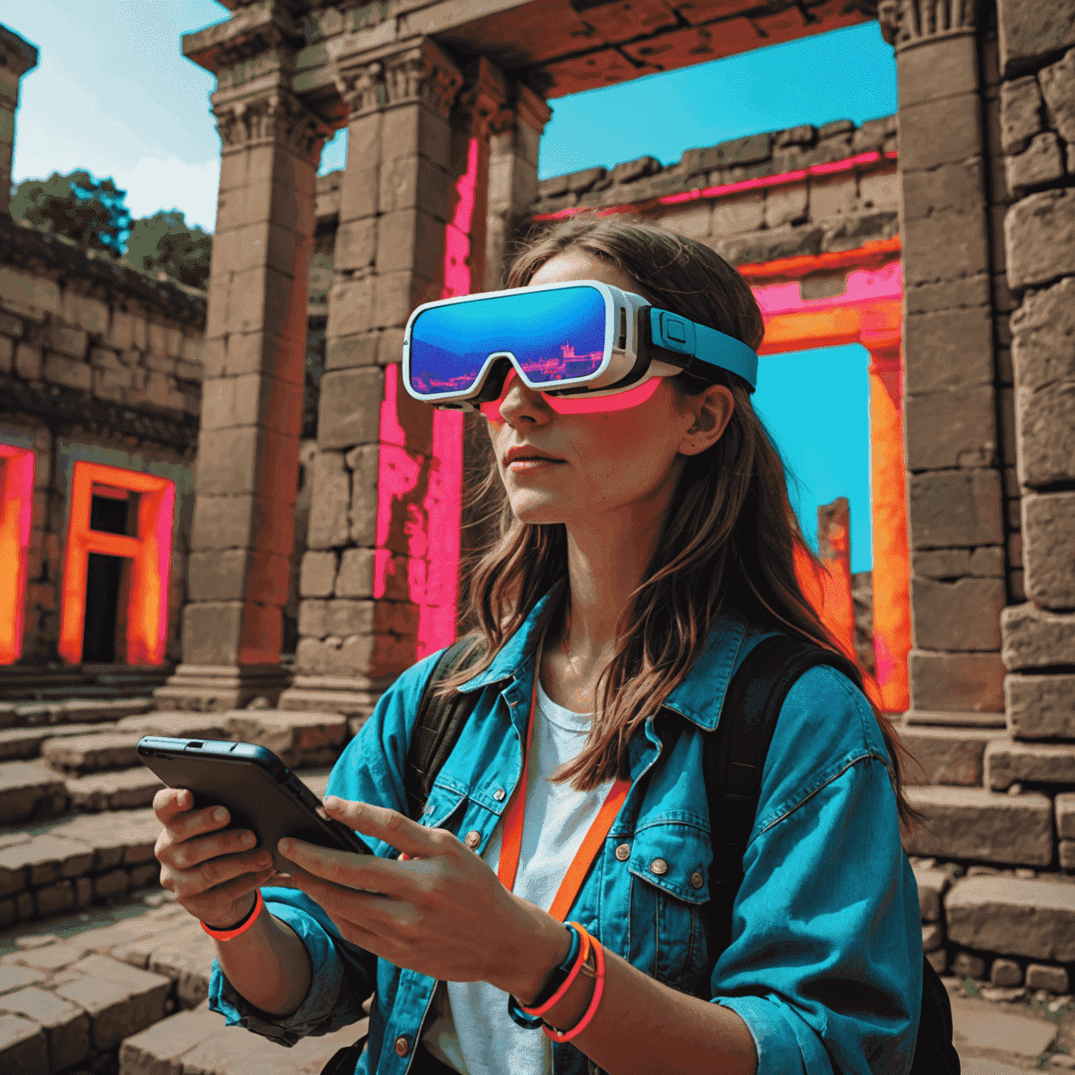 Tourist using AR glasses, seeing historical overlays and interactive information pop-ups while exploring ancient ruins, all in vibrant neon colors