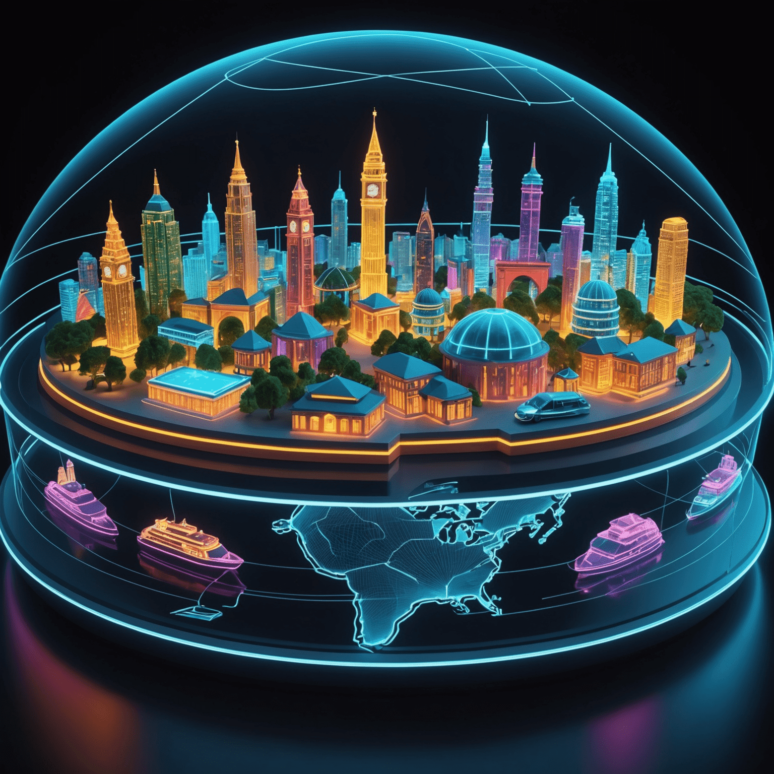 3D hologram of various travel destinations with neon outlines