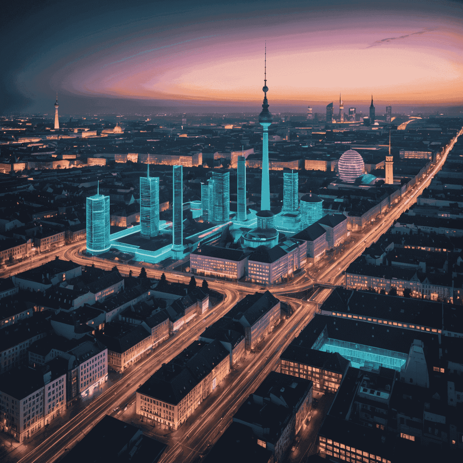 Futuristic representation of Berlin skyline with neon accents and geometric patterns