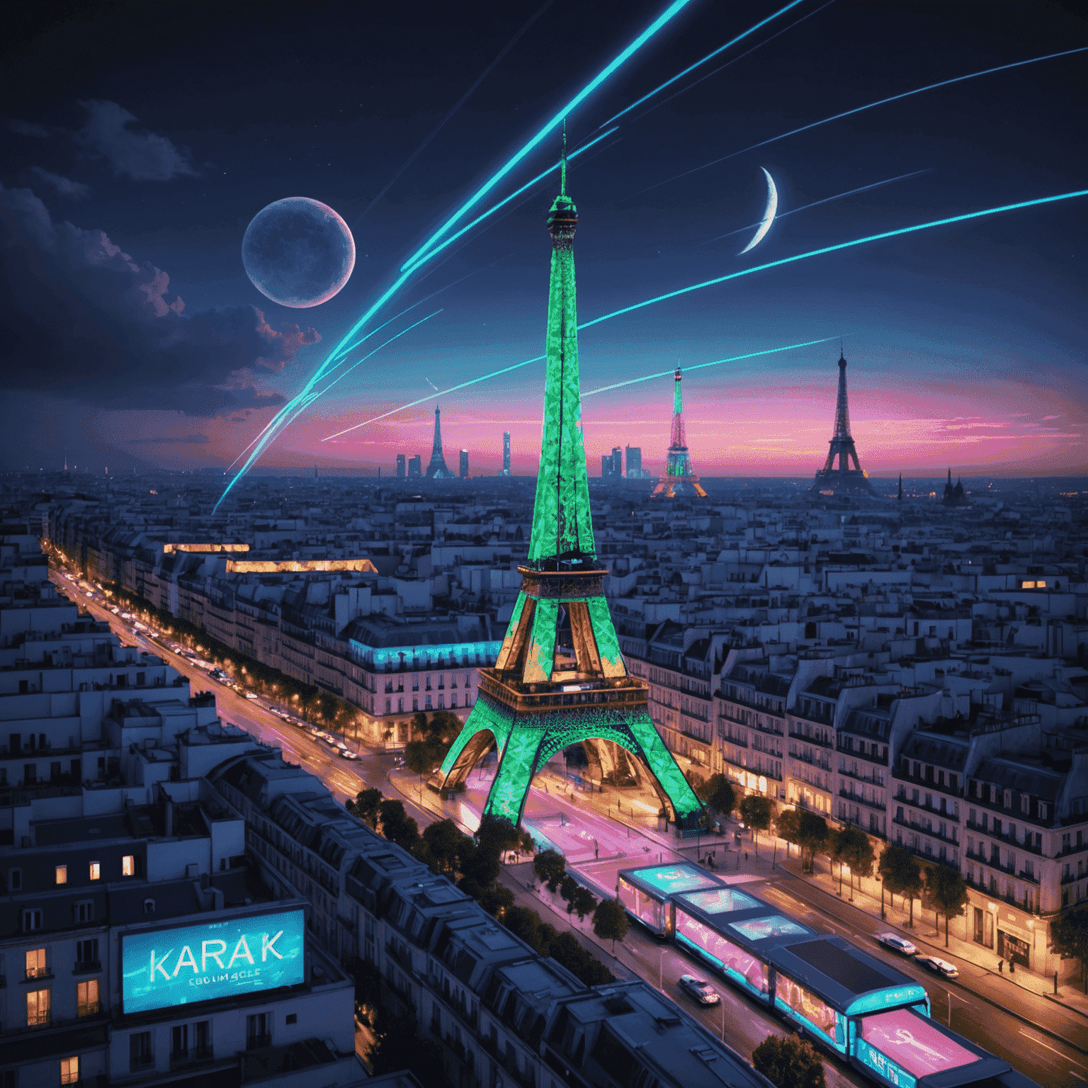 Futuristic Paris skyline with neon-lit Eiffel Tower and holographic advertisements, showcasing Catslap Travel's European offerings