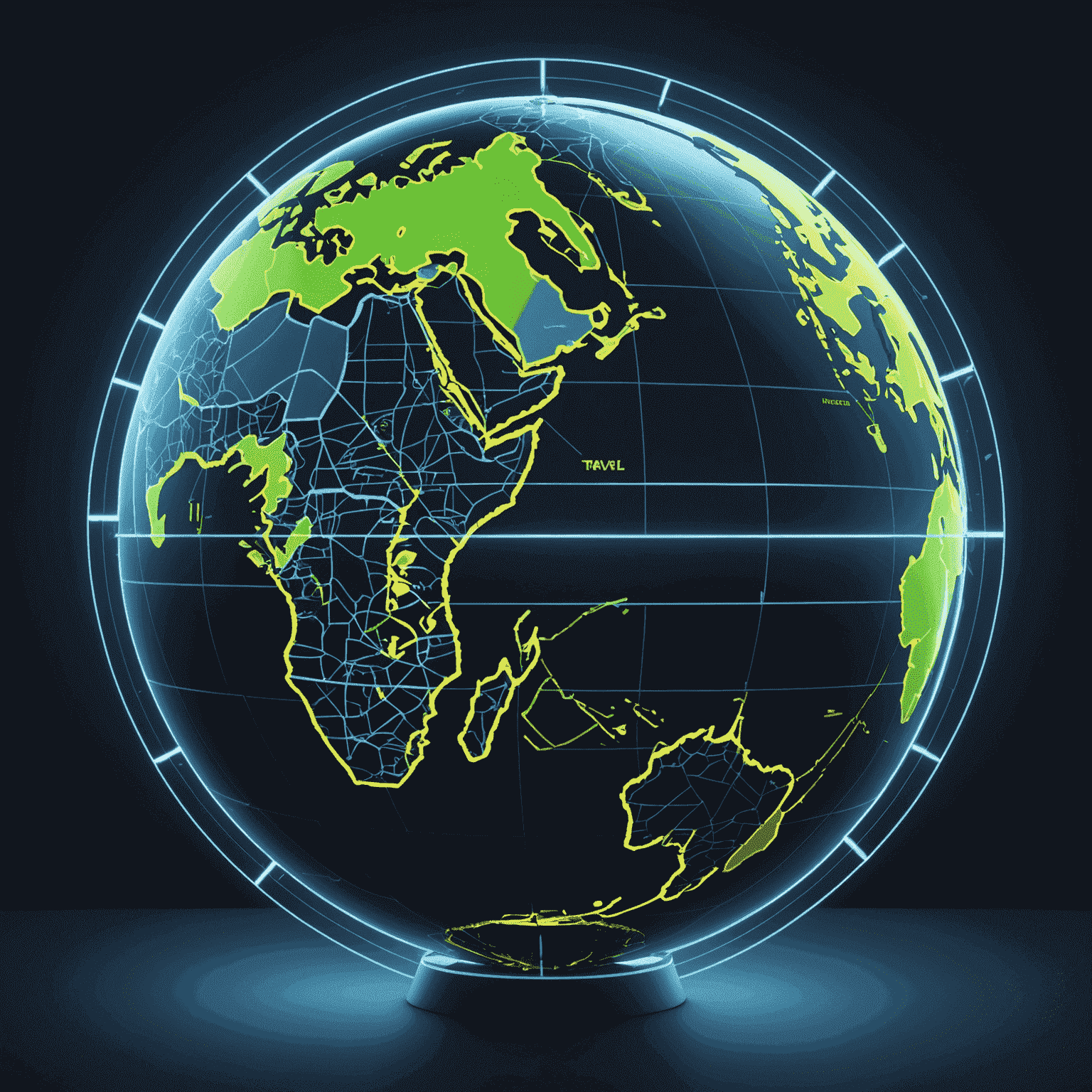 Futuristic globe with neon travel routes and protective shield, showcasing Catslap's worldwide travel insurance coverage