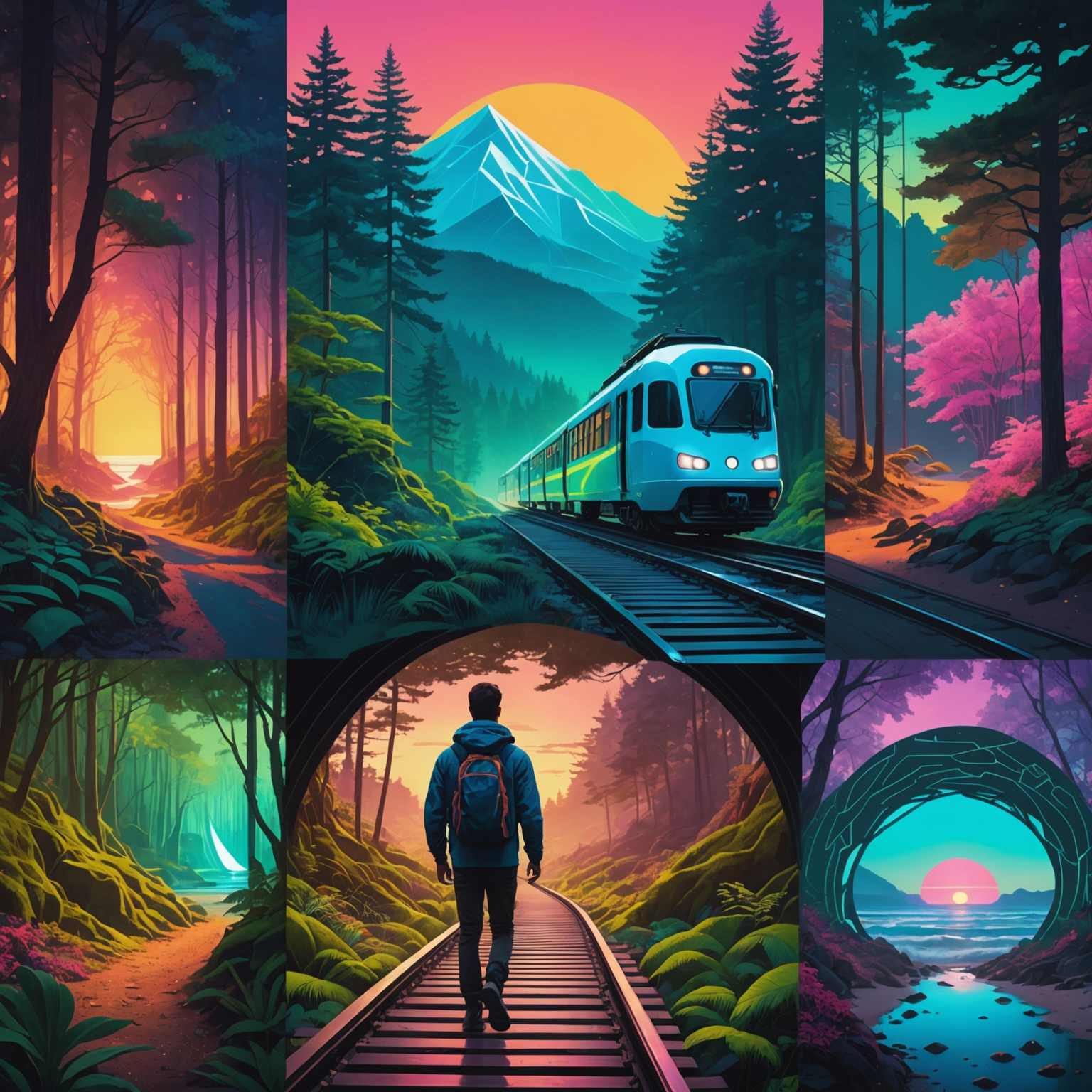 Collage of serene travel scenes: a person hiking through a neon-lit forest, a futuristic train moving through a geometric landscape, and a traveler meditating on a beach at sunset with holographic waves