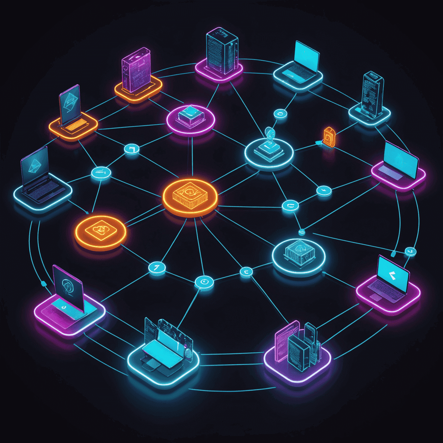 Glowing neon blockchain network connecting various travel services and currencies, with a traveler effortlessly making secure transactions