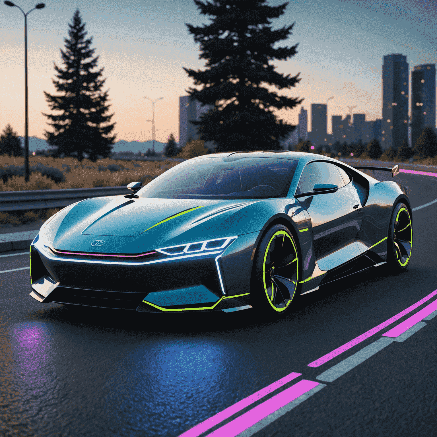 Futuristic car with neon accents on a virtual reality road