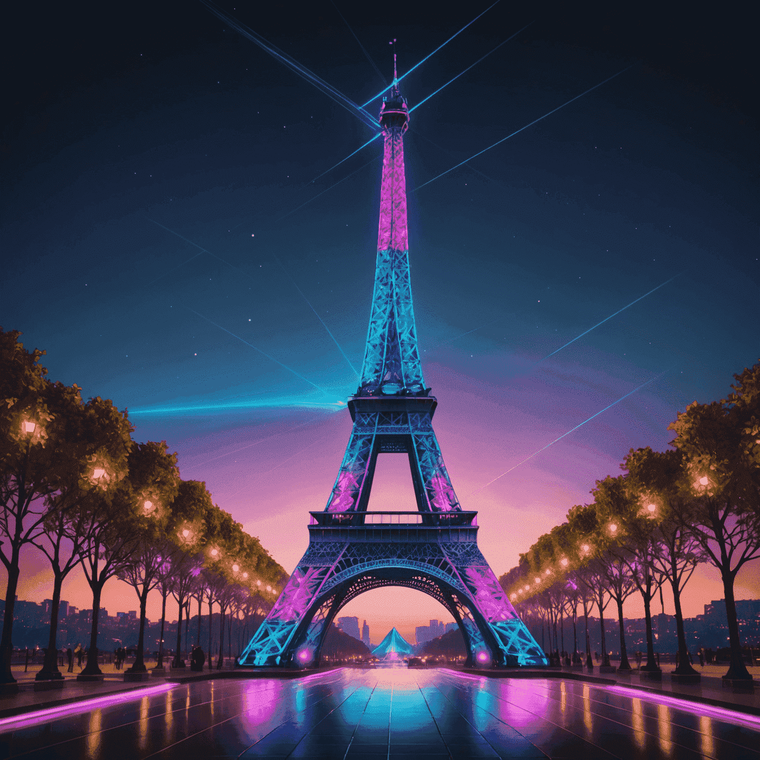 Stylized Eiffel Tower with vibrant neon lights and holographic textures