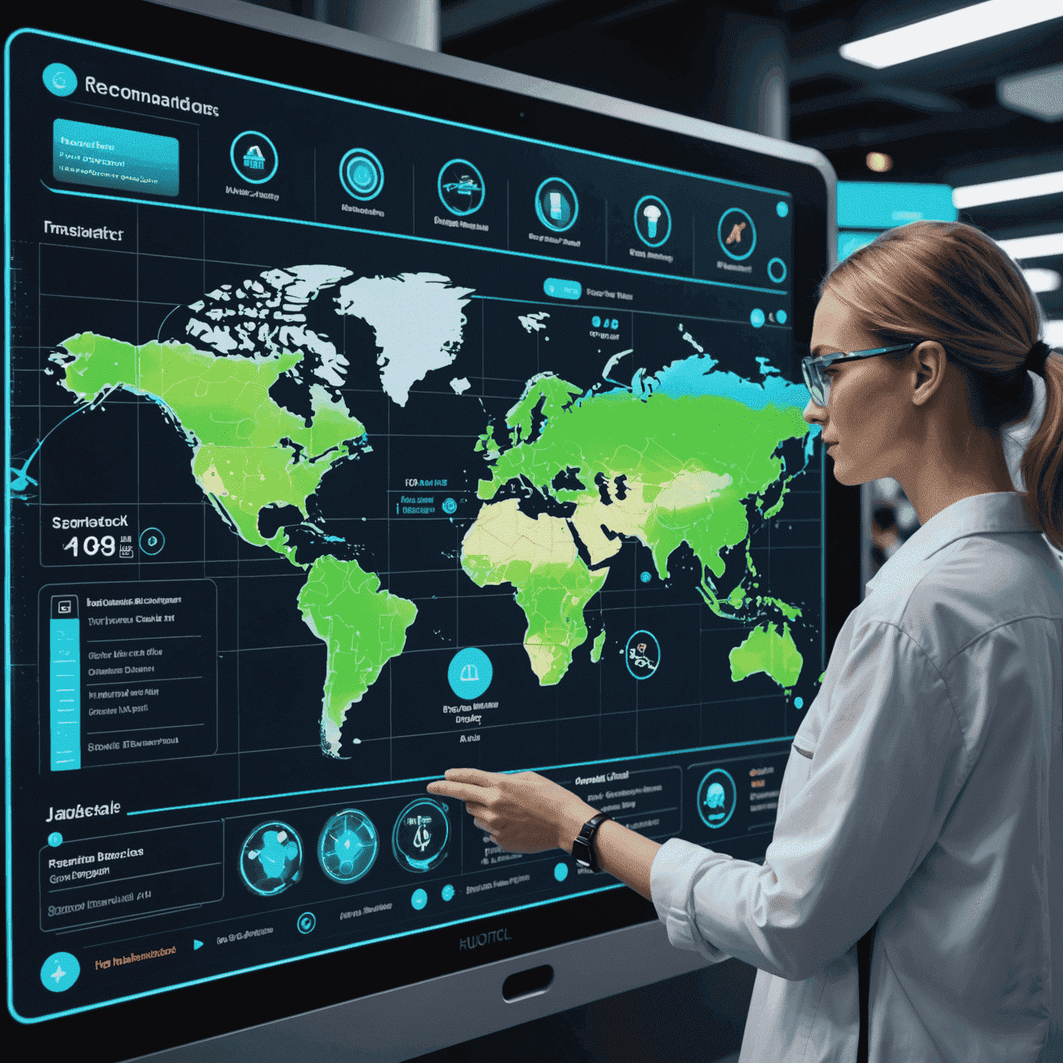 Futuristic interface showing AI-powered travel planning with holographic displays, neon touch points, and a stylized avatar representing personalized recommendations