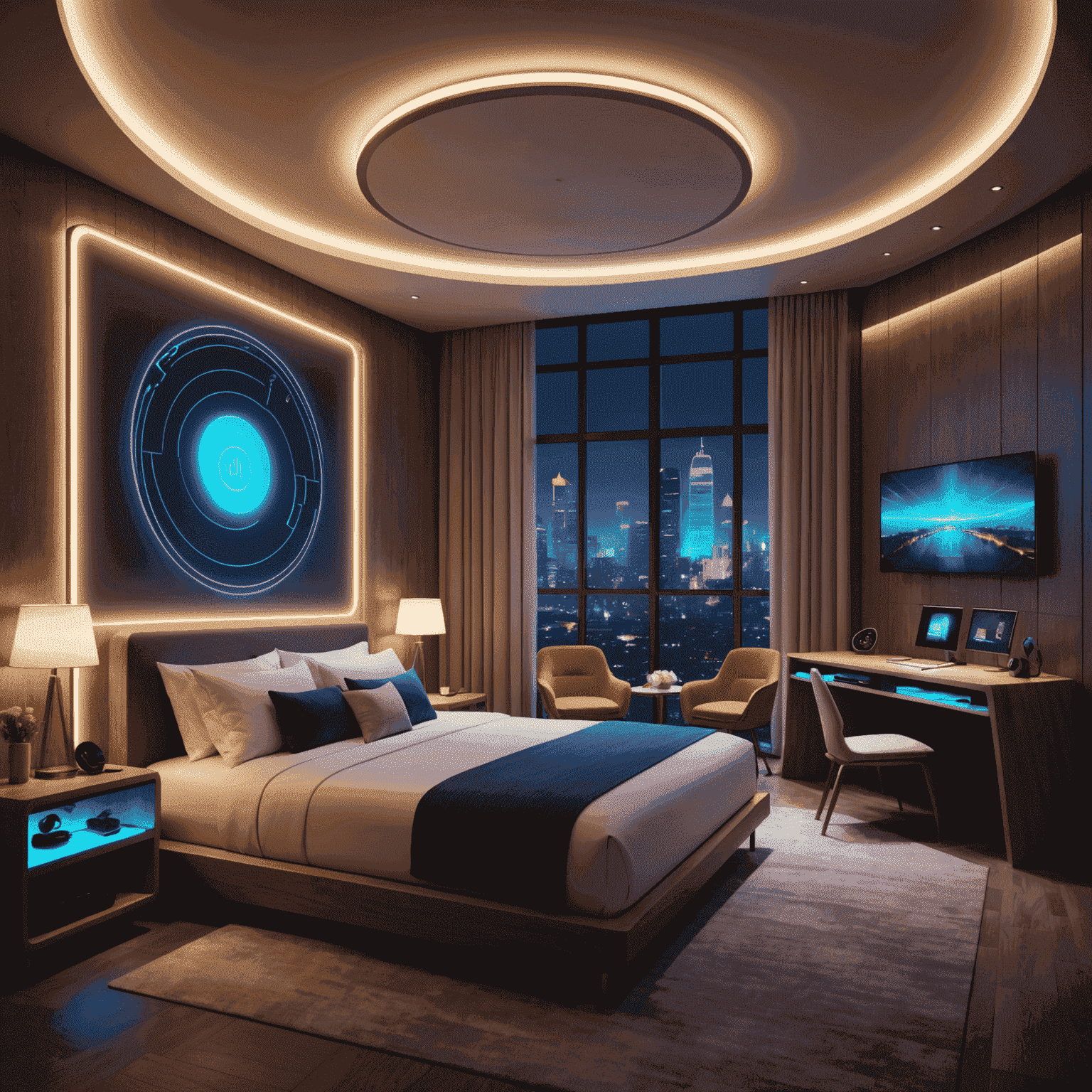 Futuristic hotel room with IoT devices, voice-controlled amenities, and personalized ambiance settings, all glowing with neon accents