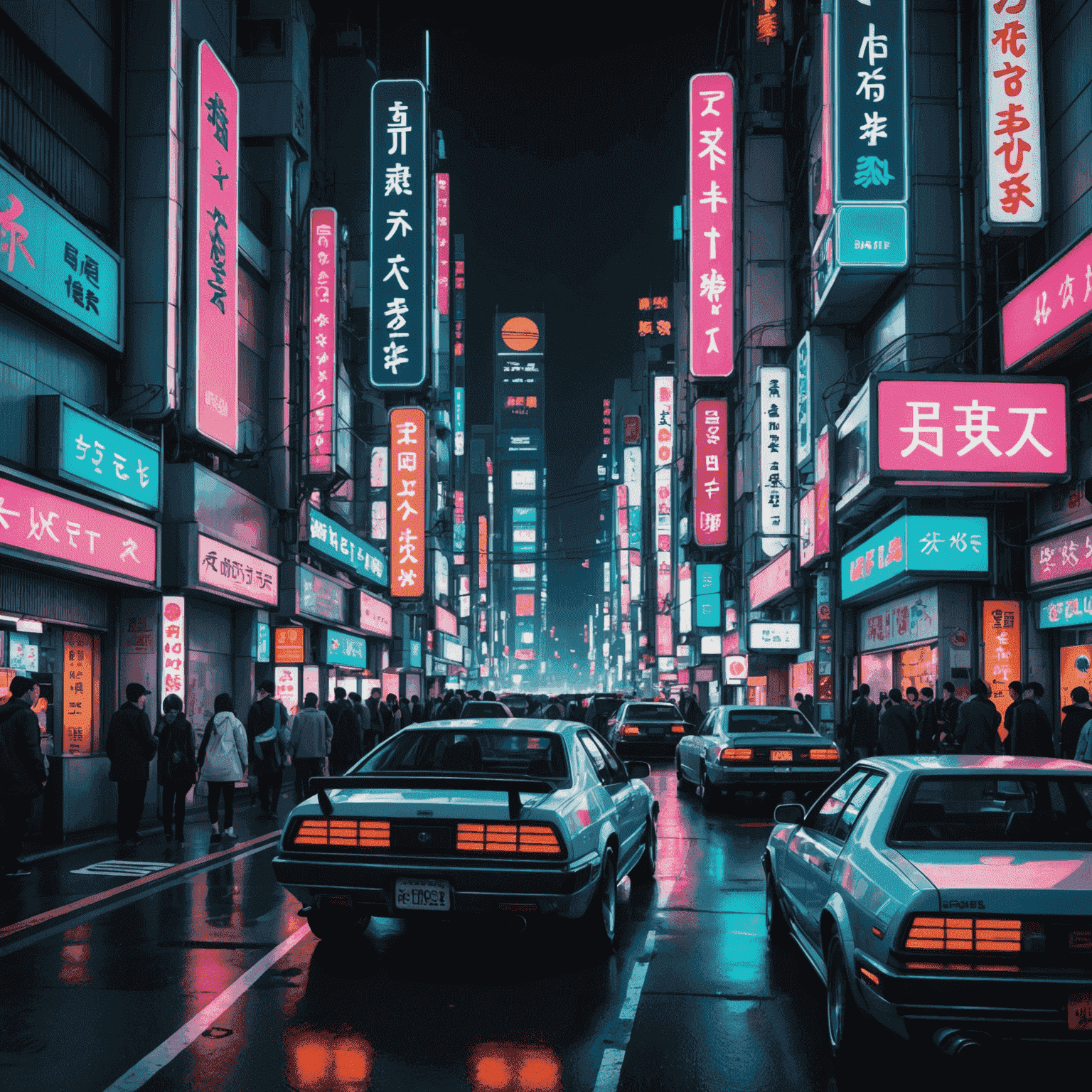 Cyberpunk-inspired Tokyo cityscape with neon signs and futuristic transportation