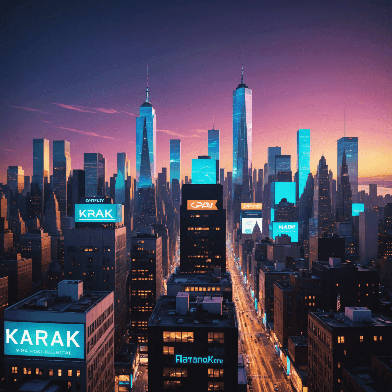 Retro-futuristic New York skyline with holographic billboards and neon-lit skyscrapers, representing Catslap Travel's American accommodations