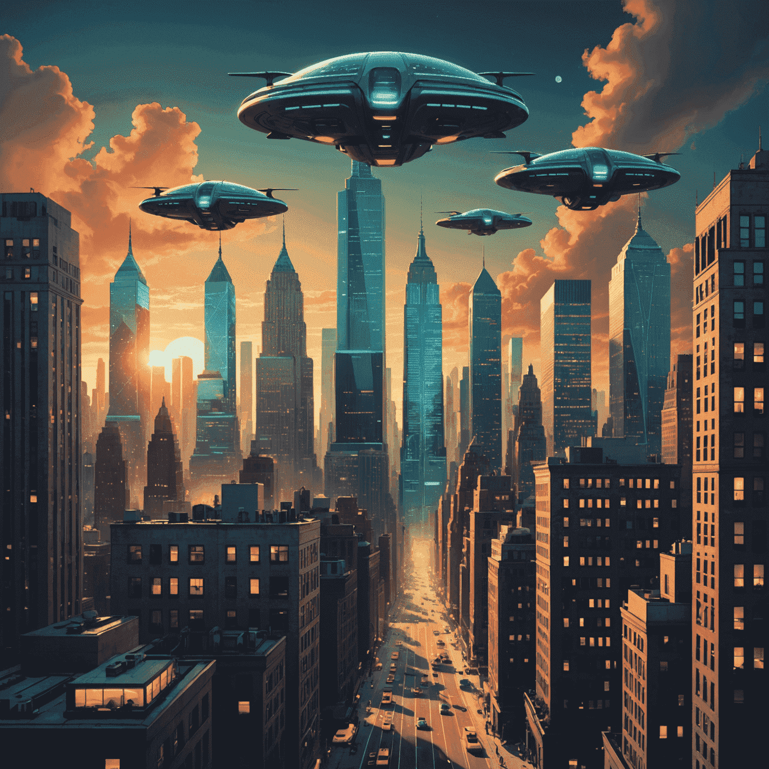 Retro-futuristic New York skyline with glowing skyscrapers and flying vehicles